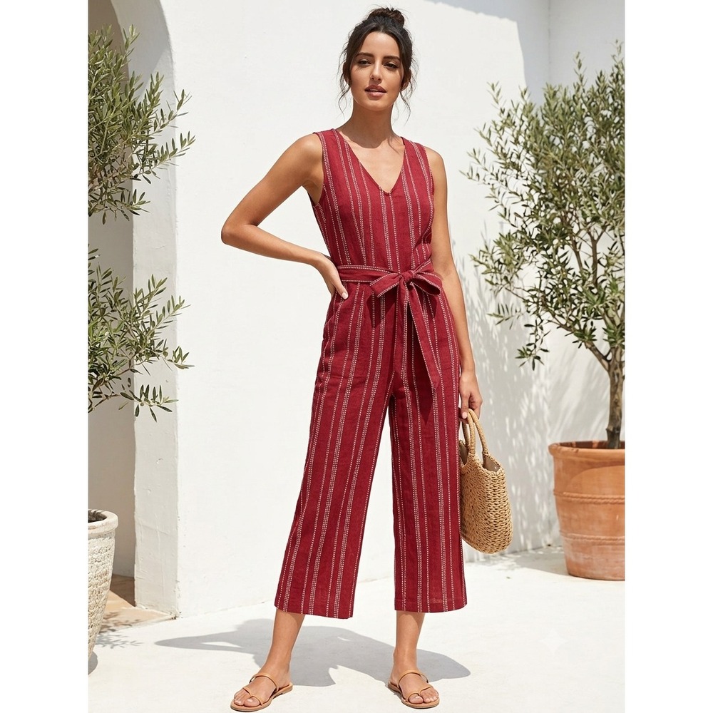 Dressberry Burgundy Red Striped Wide Leg Tie Waist Cropped Jumpsuit Large Summer